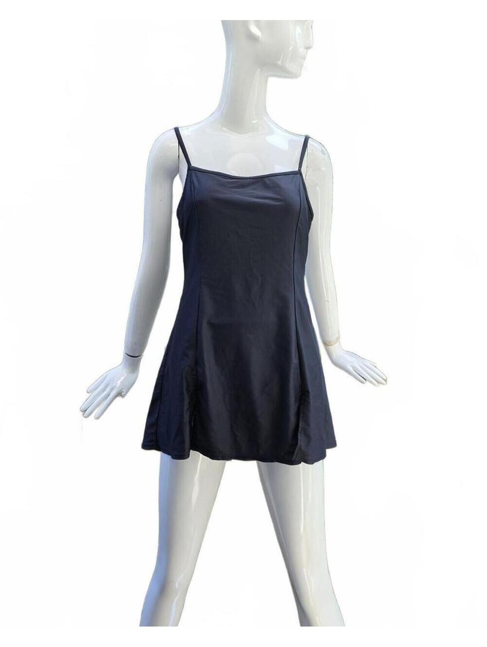 Minimalist Black Square Neck Swim Dress l Built in Bra & Front Flap Skirt Small
